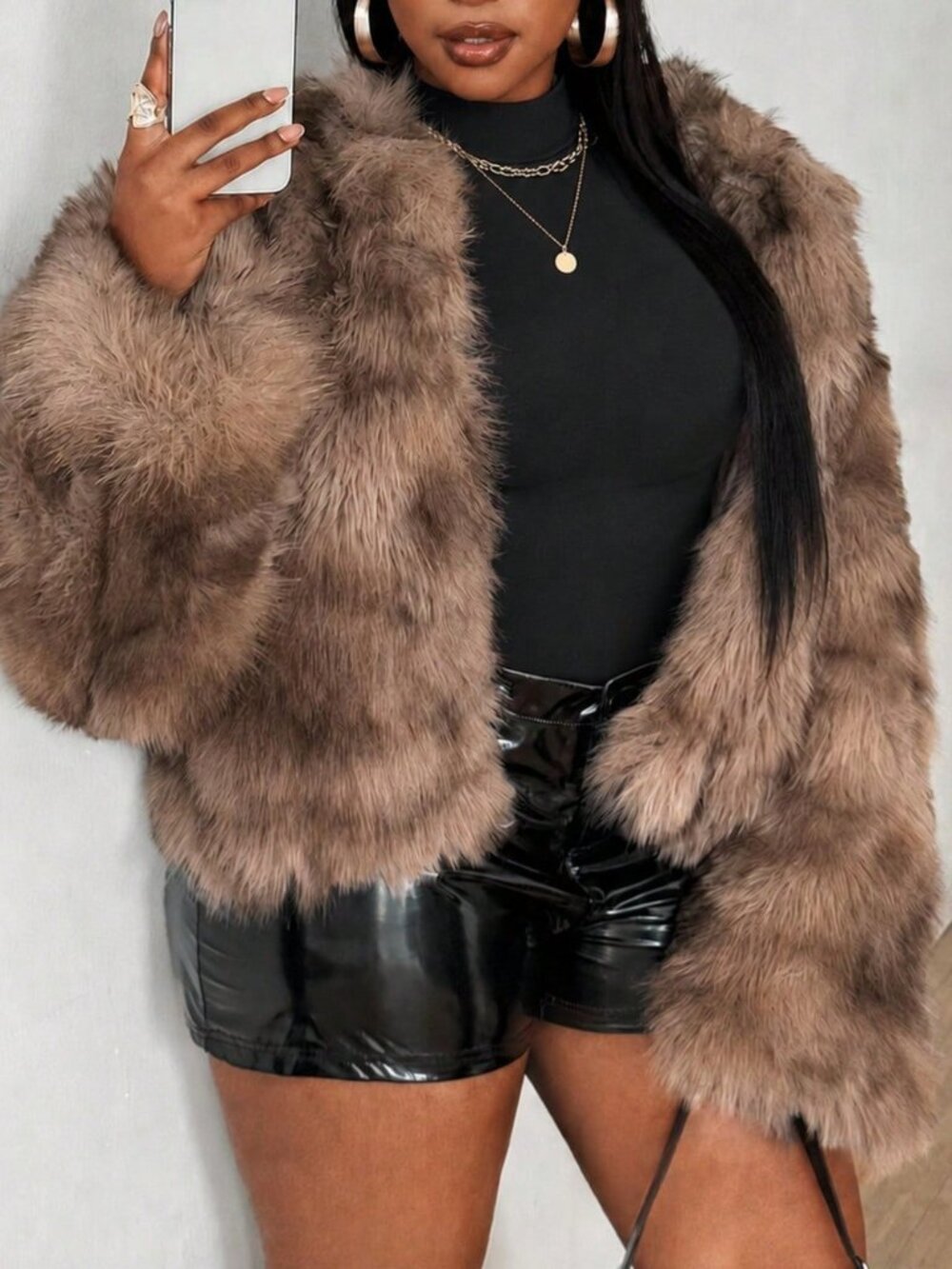 Brown French Elegant Women's Loose Tie-Dye Round Neck Short Faux Fur Coat